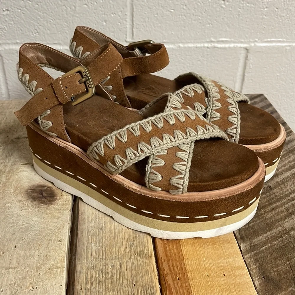 Mou Brown Suede Platform Sandals with Cream Stitching and Buckle
